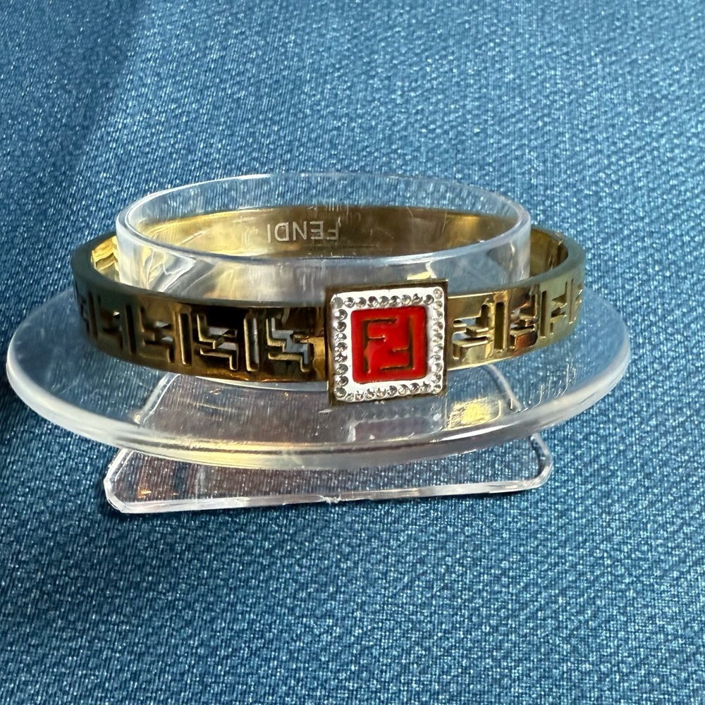 F logo stainless steel Gold and Red Square rhinestone bangel bracelet NEW